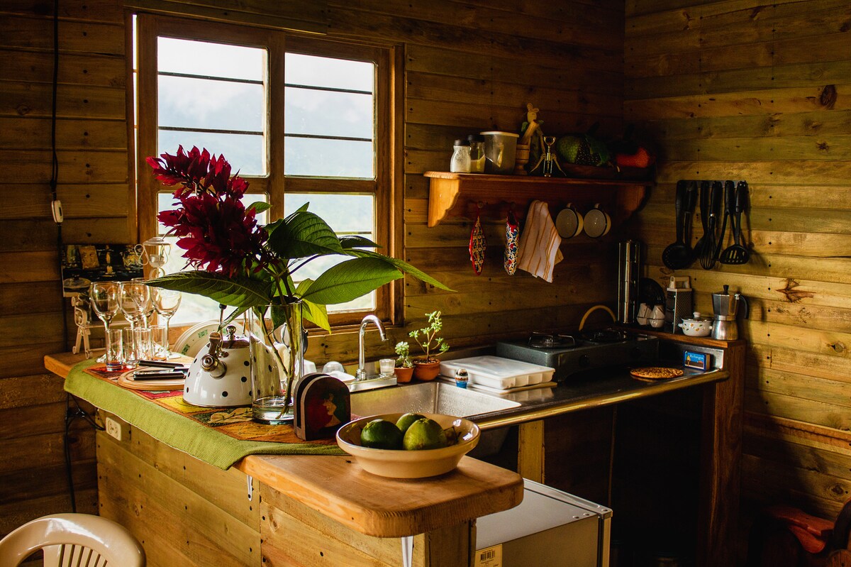 The kitchen space features wooden walls and natural light streaming through a window. A small wooden countertop displays a bowl of limes, while bright flowers adorn the sink area. Cooking utensils and dishes are neatly arranged on shelves, creating an inviting atmosphere.