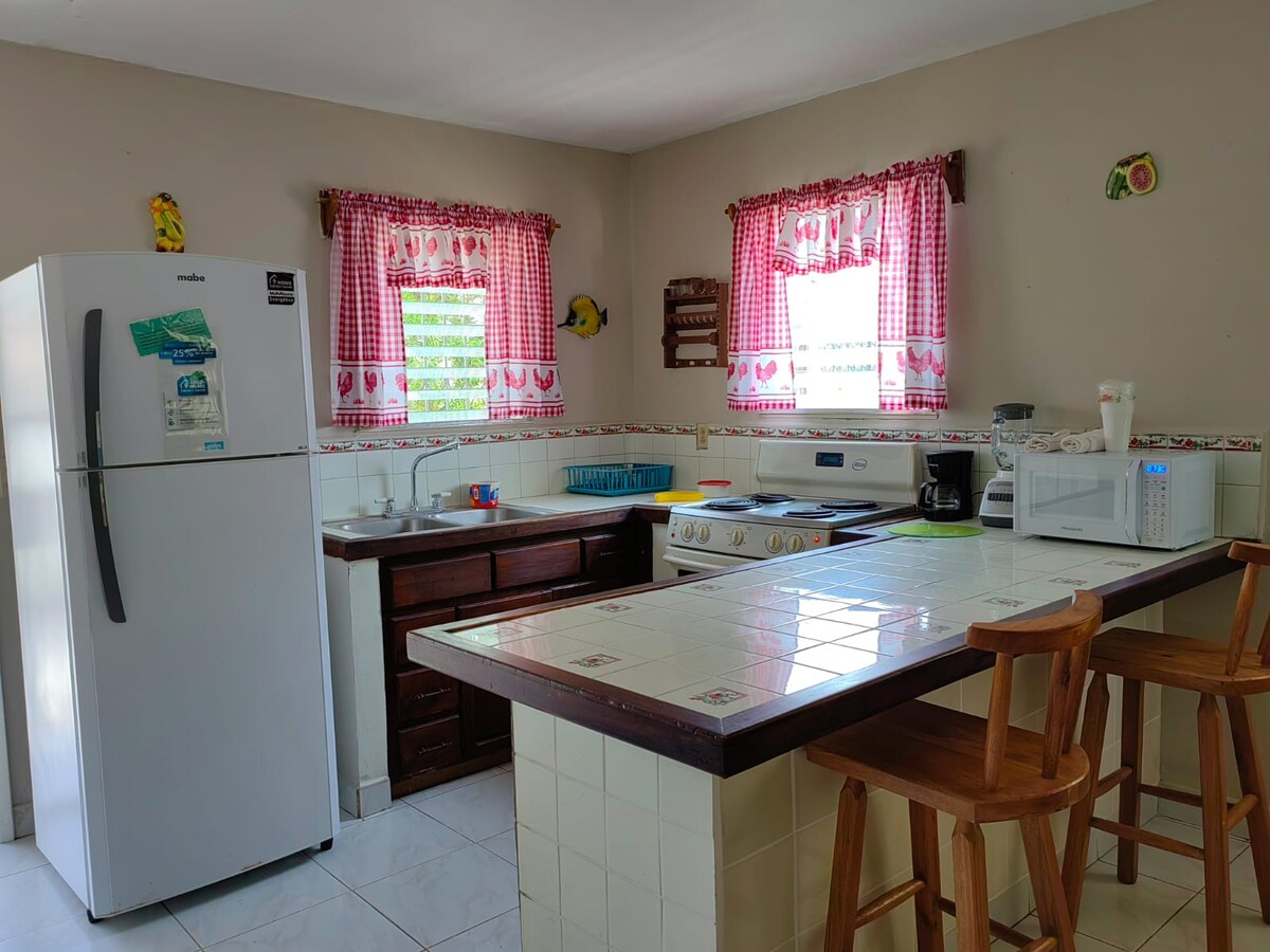 A fully equipped kitchen showcases wooden cabinetry and a white refrigerator. Counter space is provided for food preparation, complemented by a stove and microwave. Natural light enters through patterned curtains, enhancing the inviting atmosphere. Bar stools are positioned along the counter for casual dining.