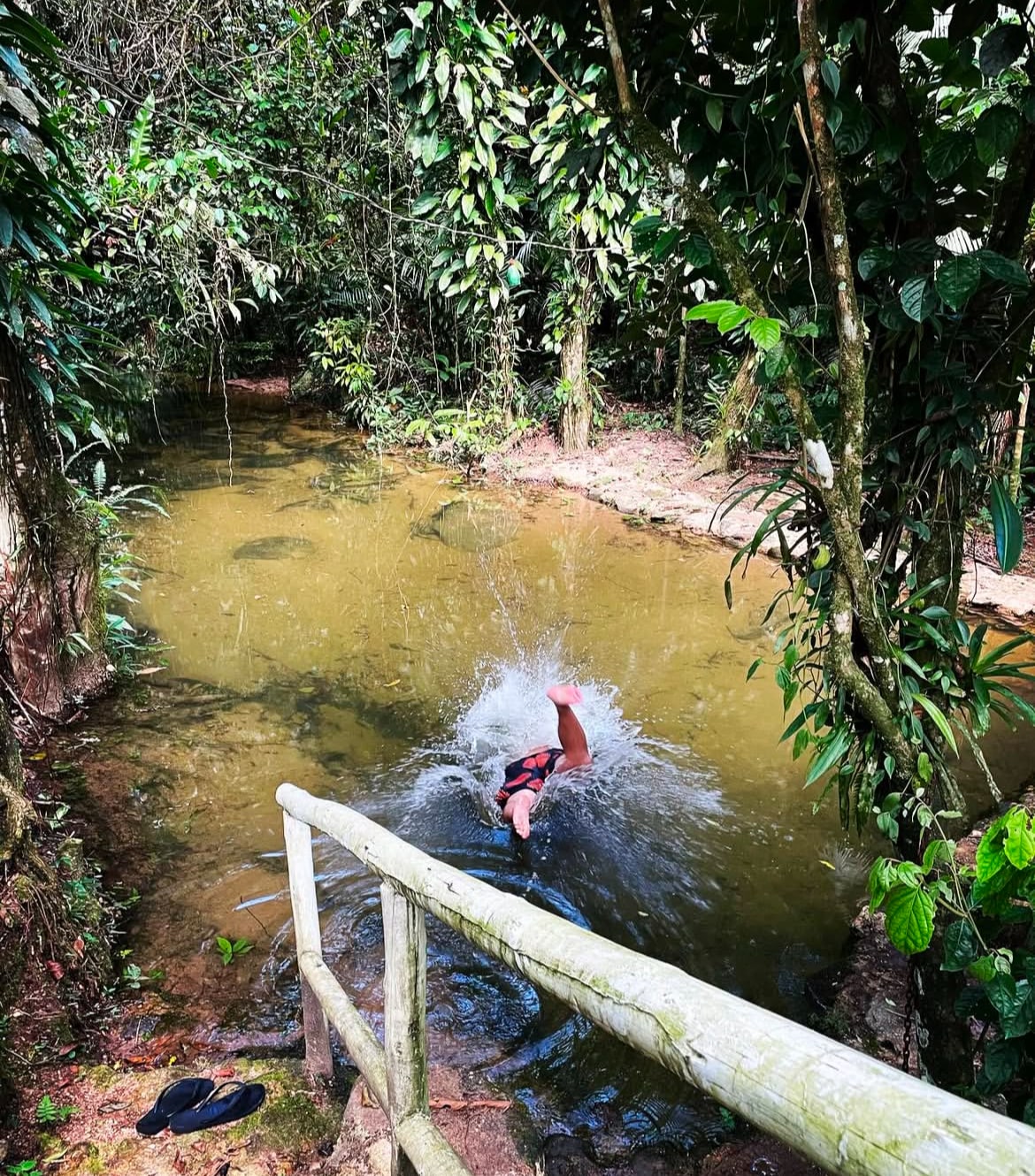 A person is captured mid-splash in a natural water stream, surrounded by lush green vegetation and tall trees. A wooden railing leads down towards the water, which reflects the surrounding greenery. Footwear is visible on the ground nearby.