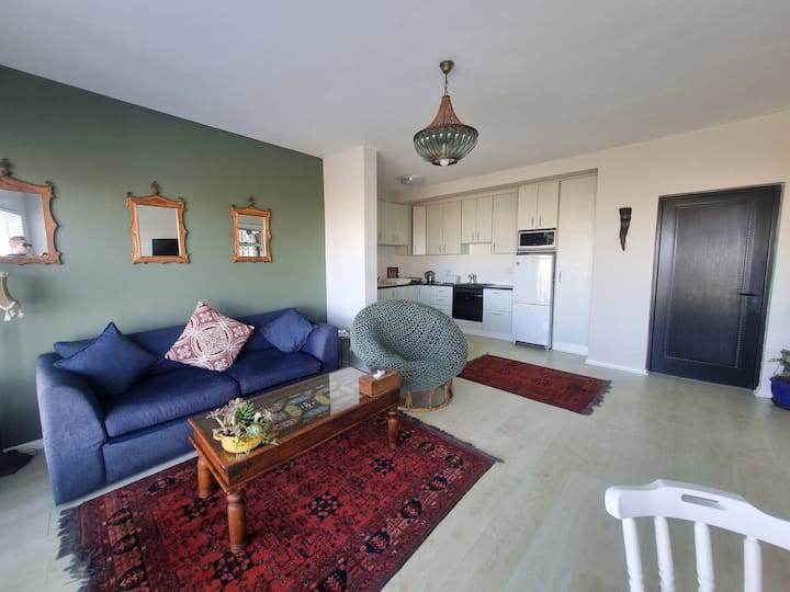Salon ouvert et cuisine complète.  Le salon dispose d'un canapé-lit queen size.  Veuillez noter que pour vous rendre à la salle de bain depuis le salon, vous devez passer par la chambre principale.