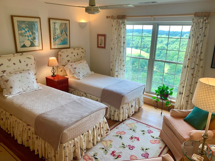 A Whimsical Twin Suite & A View
Step into one of our most charming guest rooms, affectionately known as "The Bug Room." Perfect for siblings, friends, or solo travelers, this upstairs retreat blends vintage botanical aesthetics with high-end comfort.