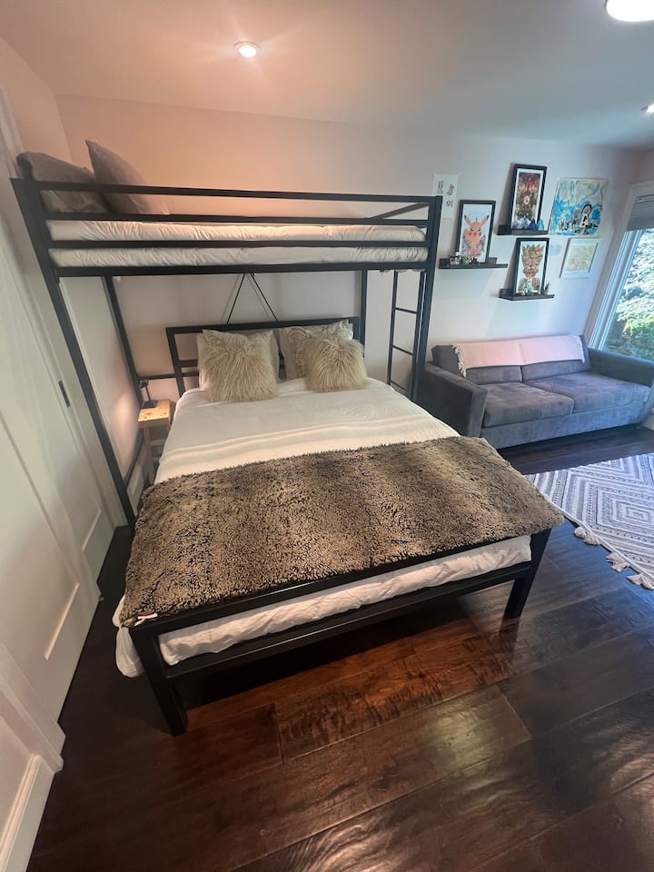 Kid's room queen bed. 