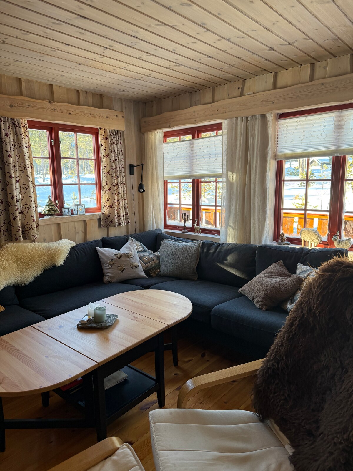 A cozy living area features a dark sectional sofa adorned with various cushions. A light wood coffee table is positioned at the center, accompanied by decorative items. Large windows allow natural light to fill the room, while sheer curtains soften the view.