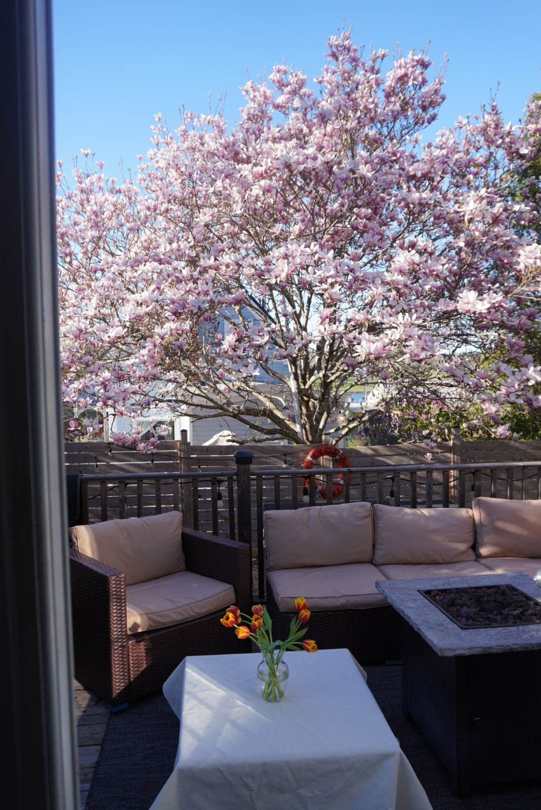 A cozy patio area is featured, furnished with comfortable seating and a fire pit. A table with a vase of flowers is positioned at the center, while a blooming tree provides a vibrant backdrop under a clear blue sky.