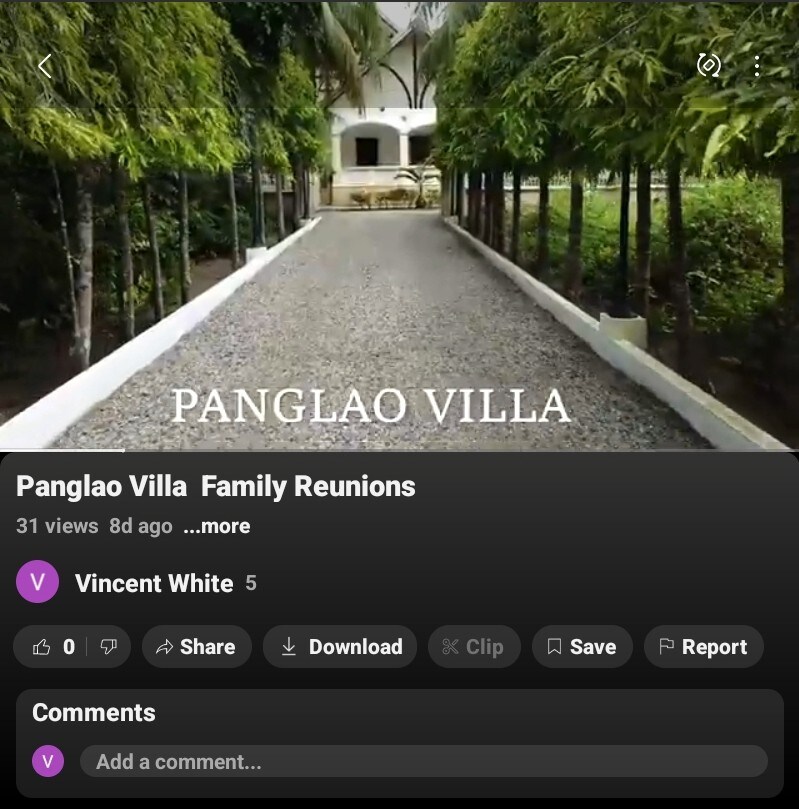 A gravel driveway leads to Panglao Villa, lined with lush green bamboo and tropical plants. The entrance to the villa is framed by white walls, offering a serene pathway toward the welcome of the villa's spacious grounds.