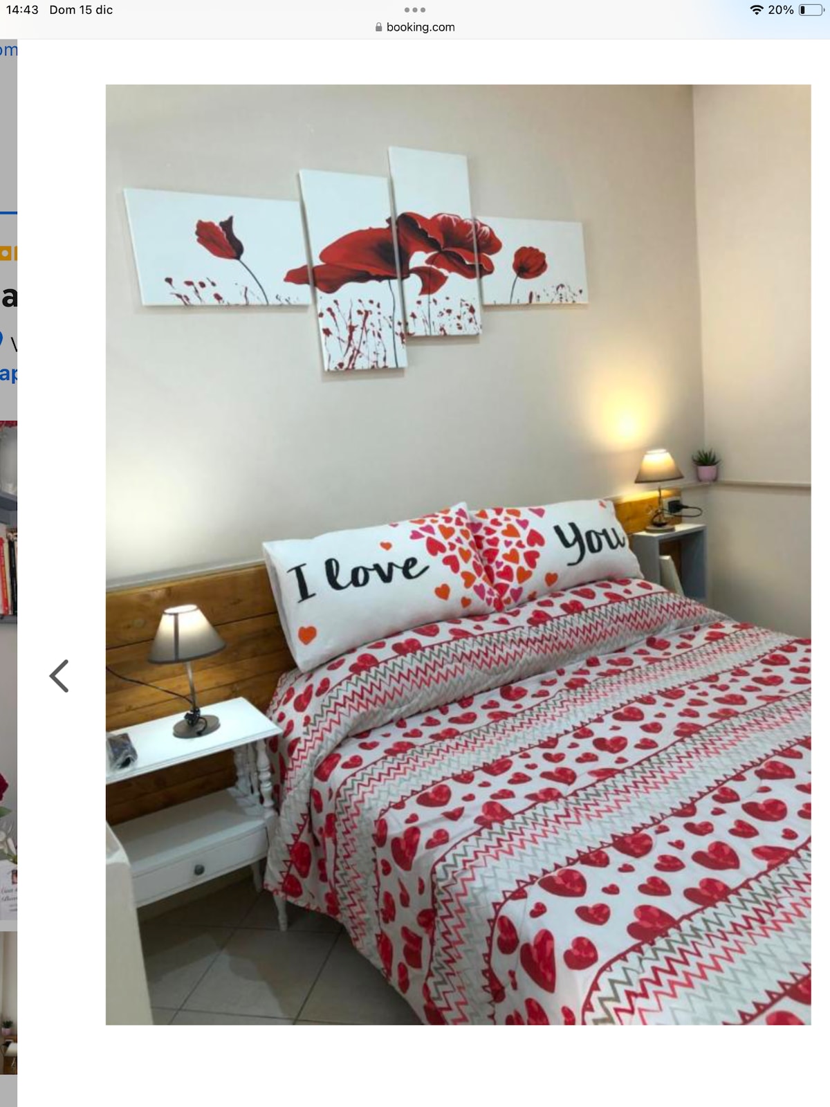 A cozy bedroom is featured, with a spacious bed adorned in a decorative red and white heart-patterned cover. Two bedside tables with lamps flank the bed, and colorful wall art depicting roses adds a touch of charm to the neutral-colored walls.