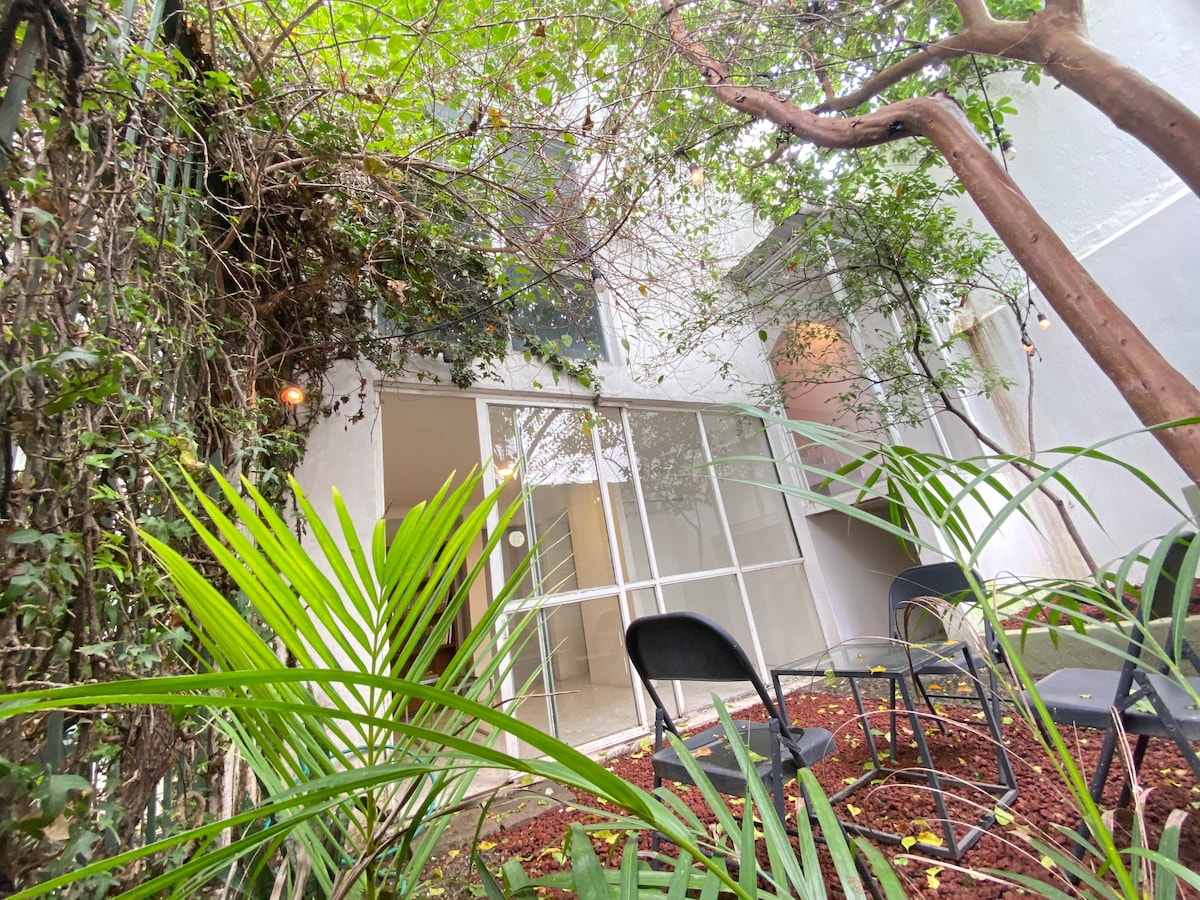 A serene garden space is showcased with greenery and vibrant plants surrounding a patio. A clear glass wall allows natural light to fill the interior. Black chairs are positioned on the ground, offering a place to relax among the lush foliage.