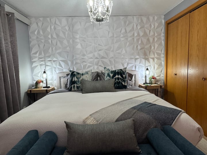 Plush king size Tuft & Needle Mint bed with king size, goose down comforter and triple sheeting for a fresh & clean sleeping experience.
700 thread count Egyptian premium cotton sheets. 
Enjoy the extra pillows, bedding, hangers and a suitcase stand.