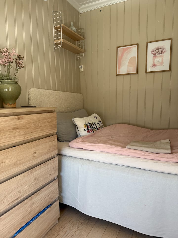 Une chambre confortable avec un lit neuf de 120 cm et un matelas neuf à partir de 2026. 

Il y a un téléviseur à écran plat Samsung au mur. La chambre est idéale pour un voyageur ou deux voyageurs qui n'ont pas de problème à partager un lit compact.