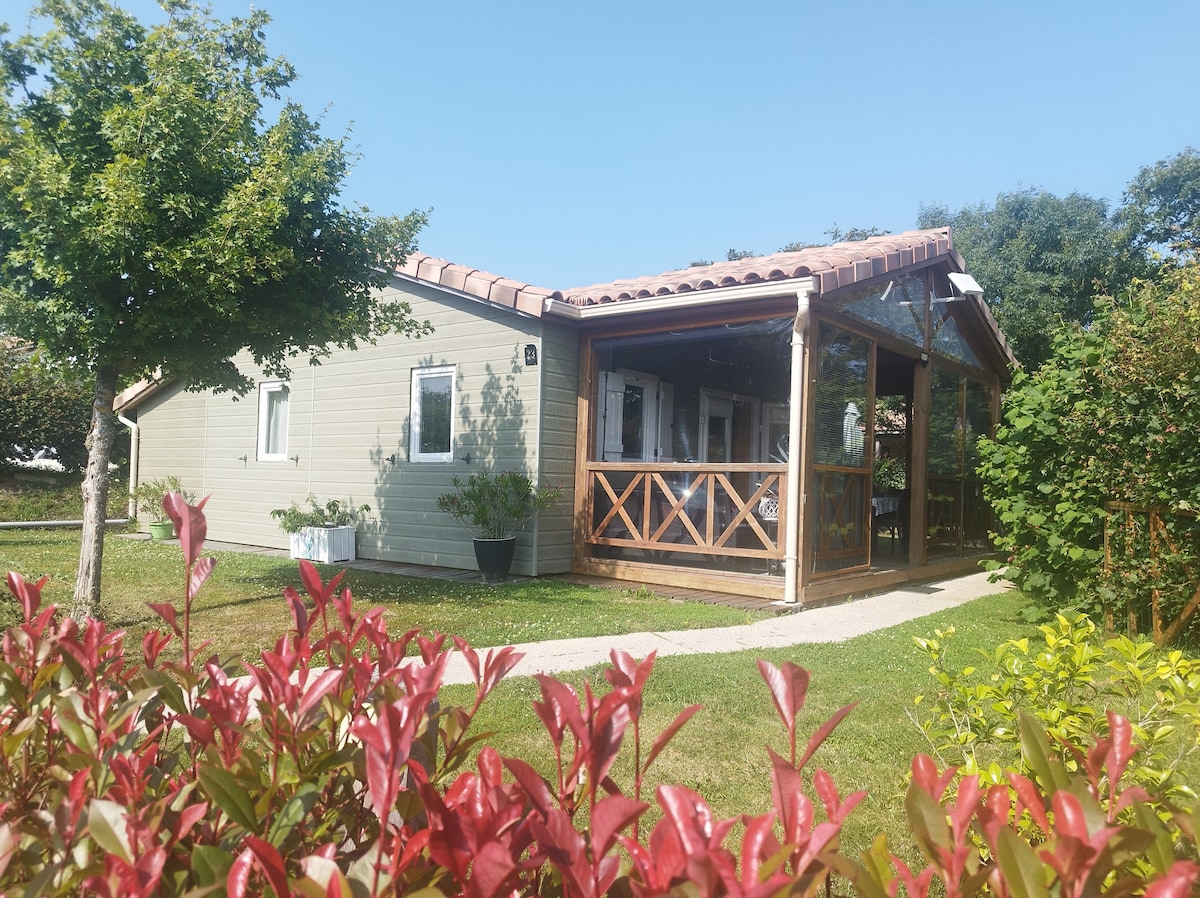 A single-story chalet is shown with a covered terrace, featuring wooden beams and railings. Surrounding foliage includes green grass and blooming plants. The building's exterior showcases light-colored siding, complemented by a terracotta roof under clear blue skies.