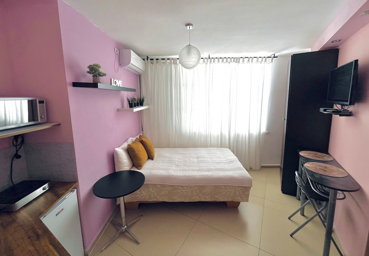 A studio unit features light-colored walls accented with pink and natural light filtering through sheer curtains. The sleeping area includes a double bed with two decorative pillows. A small dining table and two chairs are present, alongside a microwave and a compact refrigerator.