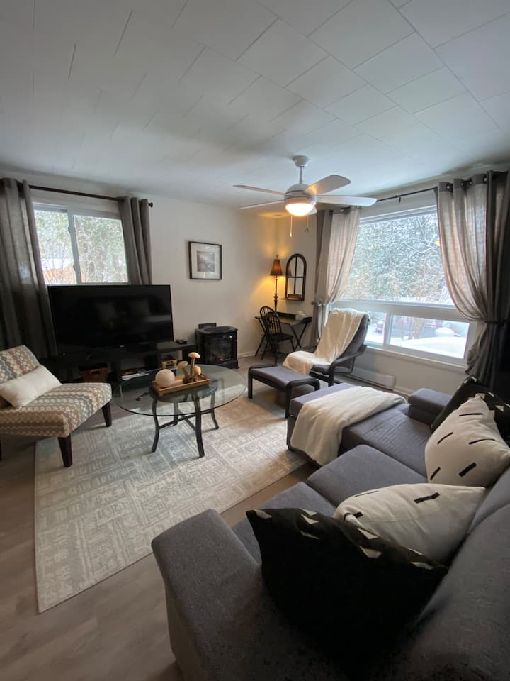 Всекидневната на Cedar Suite с 2 легла и 55 - инчов телевизор