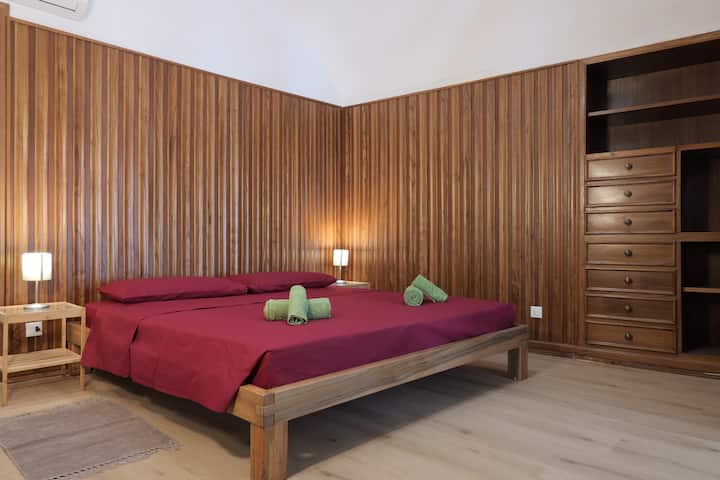 חדר זוגי עם מיטת קינג סייז, ארון בגדים, מגירות וגישה לחדר הרחצה.
כריות נוספות בארון.