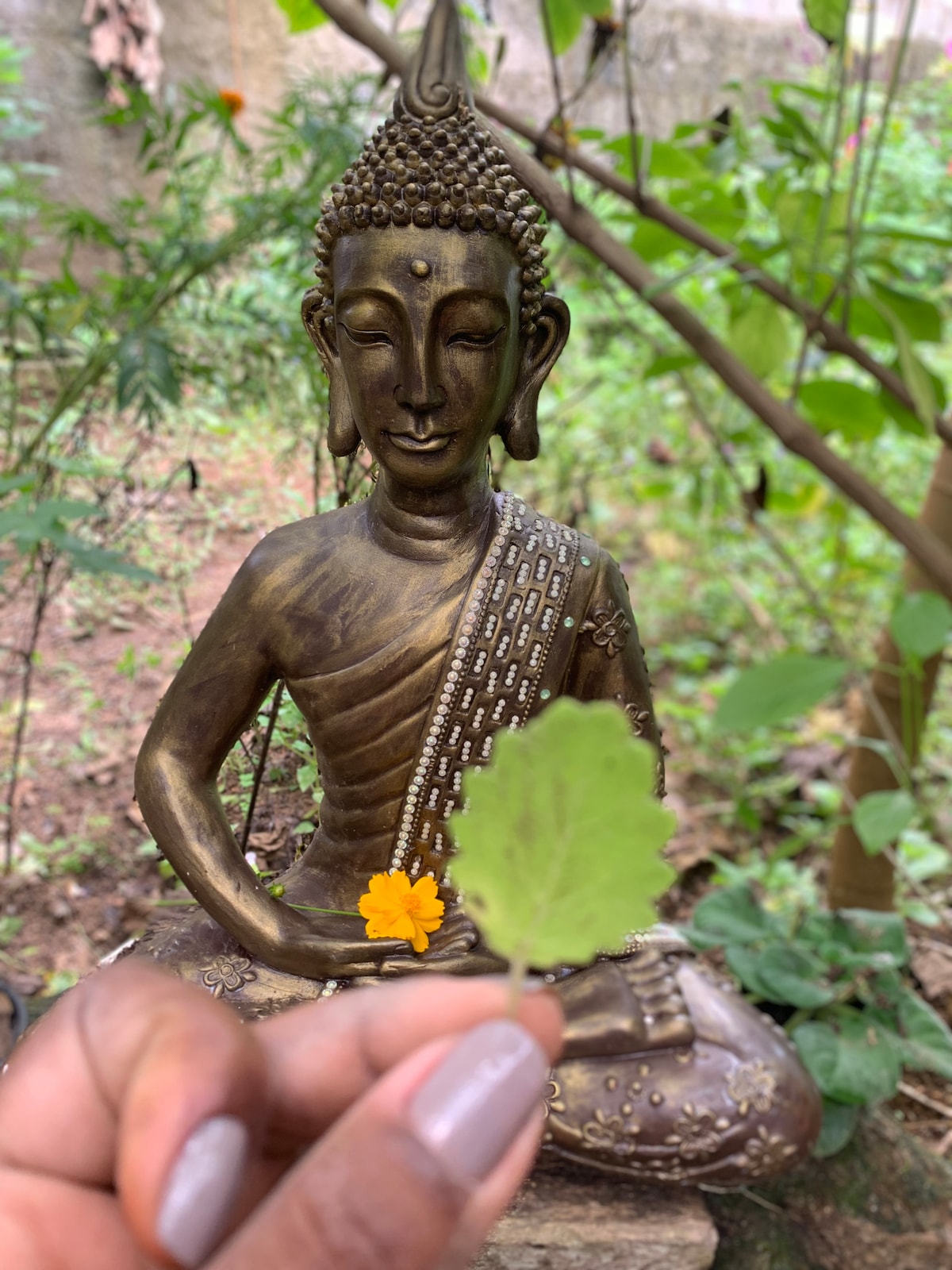 A serene Buddha statue is positioned in a lush garden, surrounded by greenery. A hand is extended forward, holding a single green leaf and a small yellow flower, creating a contrast with the bronze of the statue. Natural light filters through the leaves in the background.