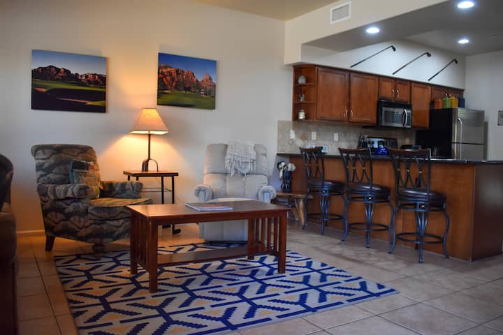 Living Room with Queen Sofa Sleeper, Recliner, Chair and Breakfast Bar with 3 Bar Stools