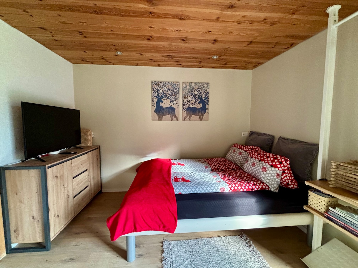 Spavaća soba je u istoj prostoriji kao i kuhinja i ima francuski krevet (140 × 200 cm).