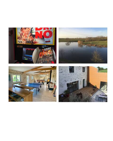 Renovated barn, games room, pinball machine and pond