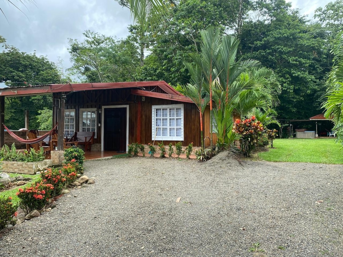 The rustic cabin is surrounded by lush greenery, featuring a front porch with seating and a hammock. Colorful flowers line the pathway leading to the entrance. A spacious outdoor area is visible, complete with a shaded area in the background, providing a serene environment.