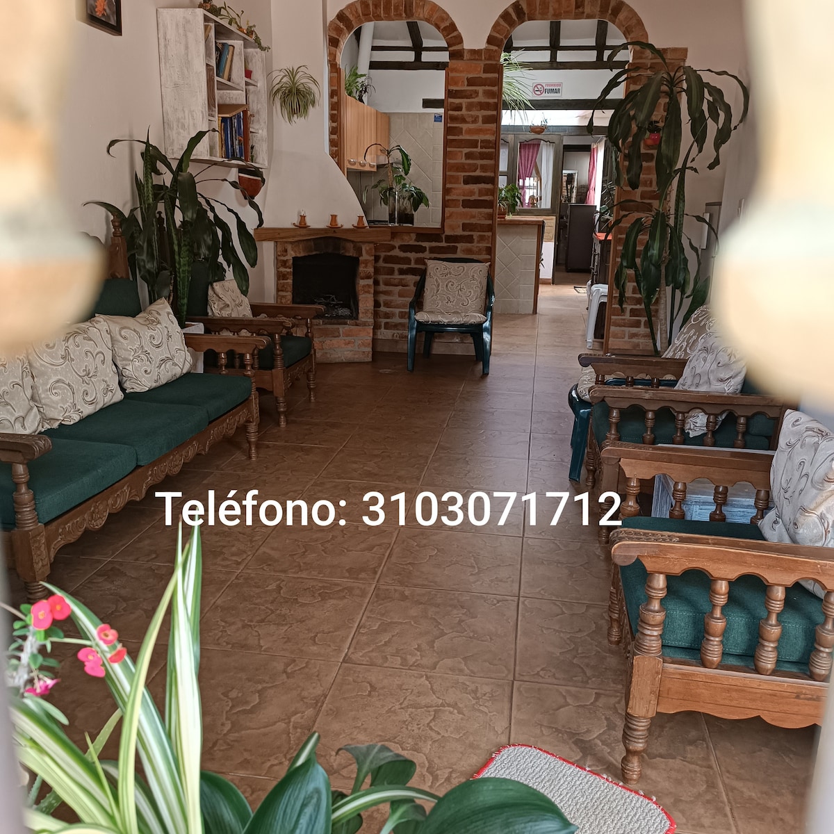 A welcoming living area features wooden furniture and plants, creating a cozy environment. Two sets of rustic sofas line the space, with a decorative fireplace at one end. The open layout leads into a kitchen area, visible through the archway.