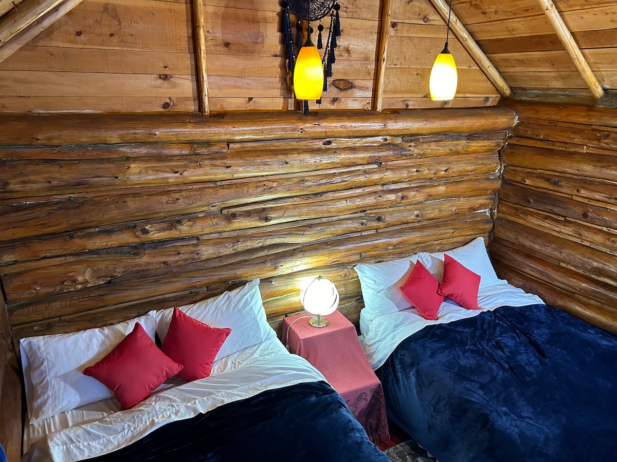 เตียงคู่และเตียงควีนไซส์ใน Fireside Cabin 