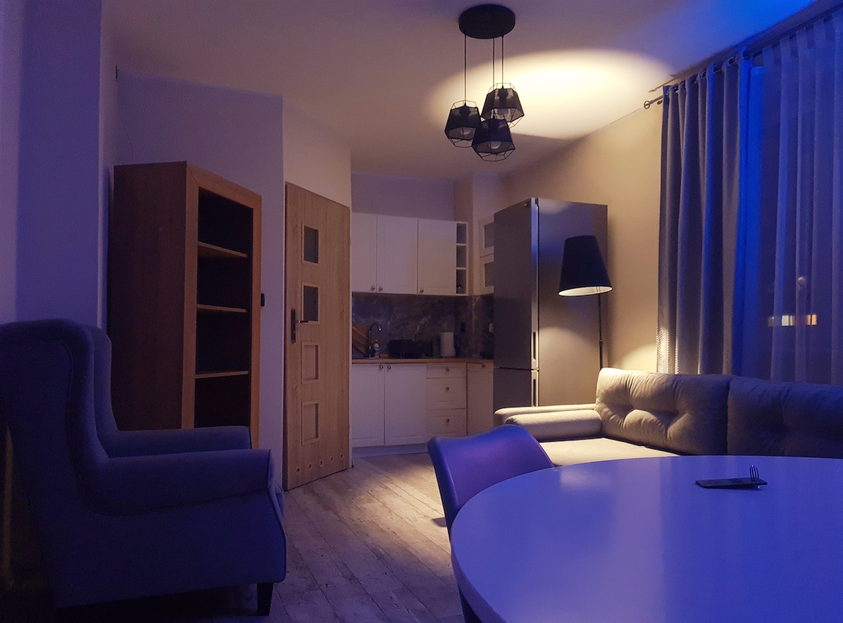 A modern living space is featured, with a comfortable gray sofa, a round dining table, and a well-equipped kitchen area in the background. Soft lighting from a pendant lamp creates a relaxed ambiance, while large windows draped in light curtains provide a glimpse of the exterior.