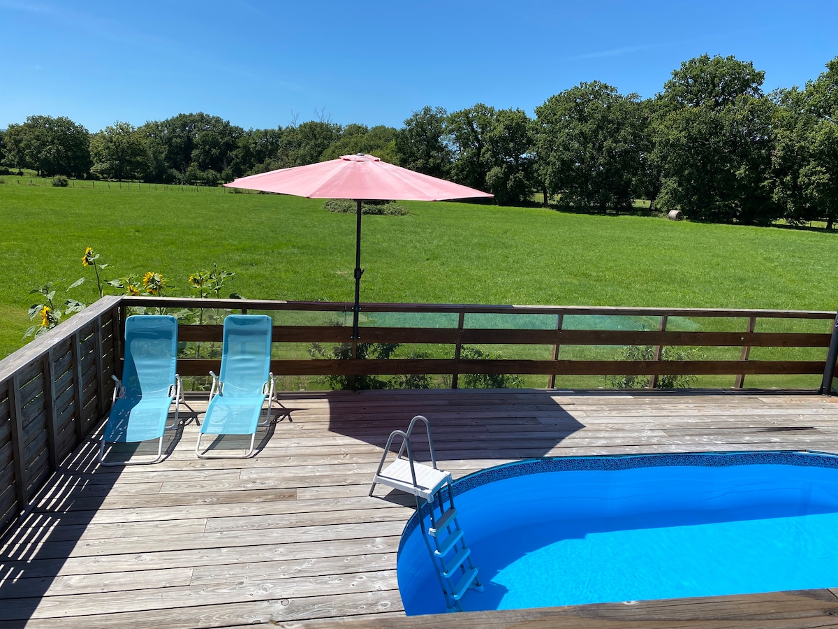 A wooden deck surrounds a private pool, featuring a pink umbrella providing shade for two blue lounge chairs. Lush green fields extend into the distance, creating a serene outdoor setting under clear skies.