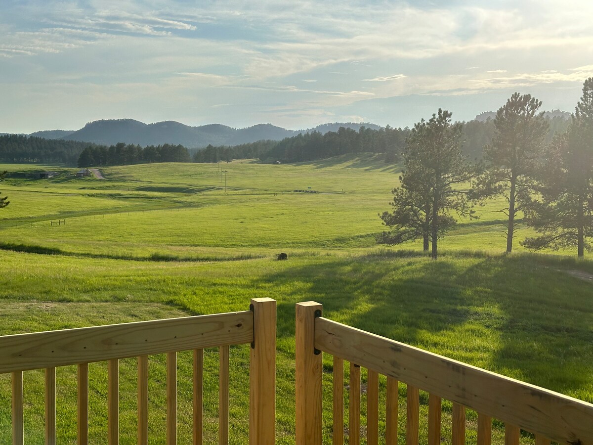 A scenic view is presented from the upper deck, showcasing expansive green fields that gently slope towards distant hills. Tall trees are visible in the foreground, while a clear sky adds a serene atmosphere to the landscape.