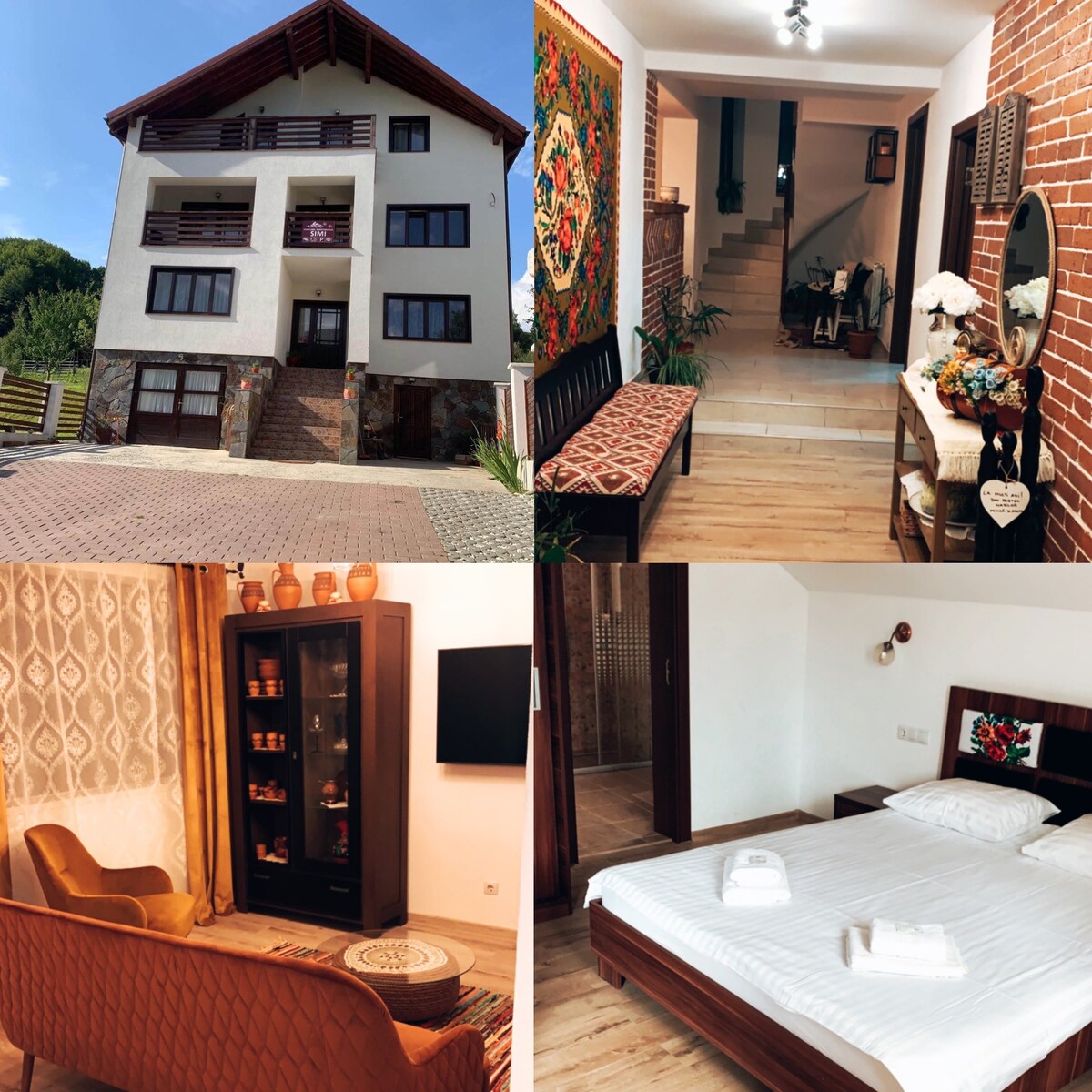 The exterior of the hostel features a spacious building with multiple balconies and a welcoming facade. Inside, a cozy living area offers inviting seating. A well-appointed bedroom showcases a comfortable bed with soft linens and tasteful decor, while the common areas include warm-toned furnishings and decorative accents.