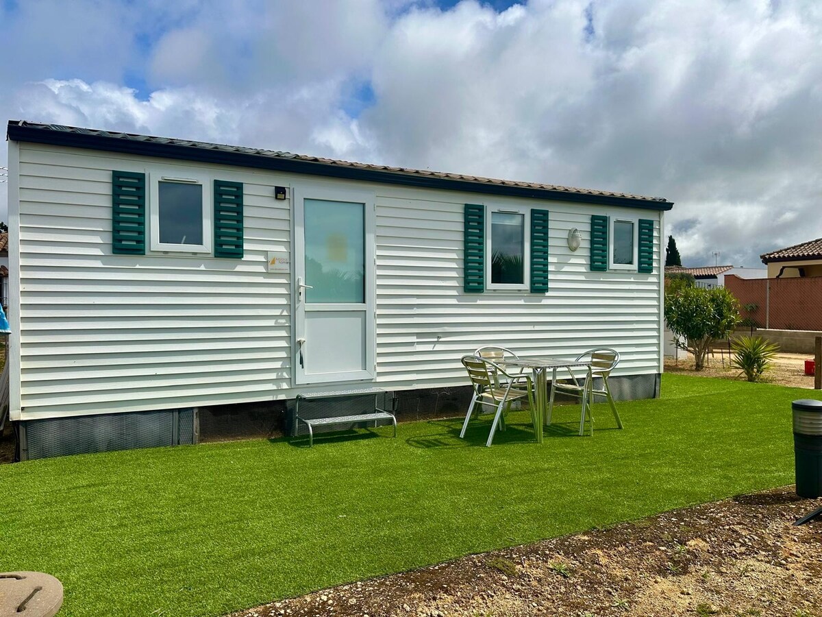 A tidy exterior of a mobile home is presented, featuring white siding and green shutters. Two windows allow natural light inside. A small table with two chairs is positioned on a vibrant green lawn, providing an inviting space for outdoor relaxation.