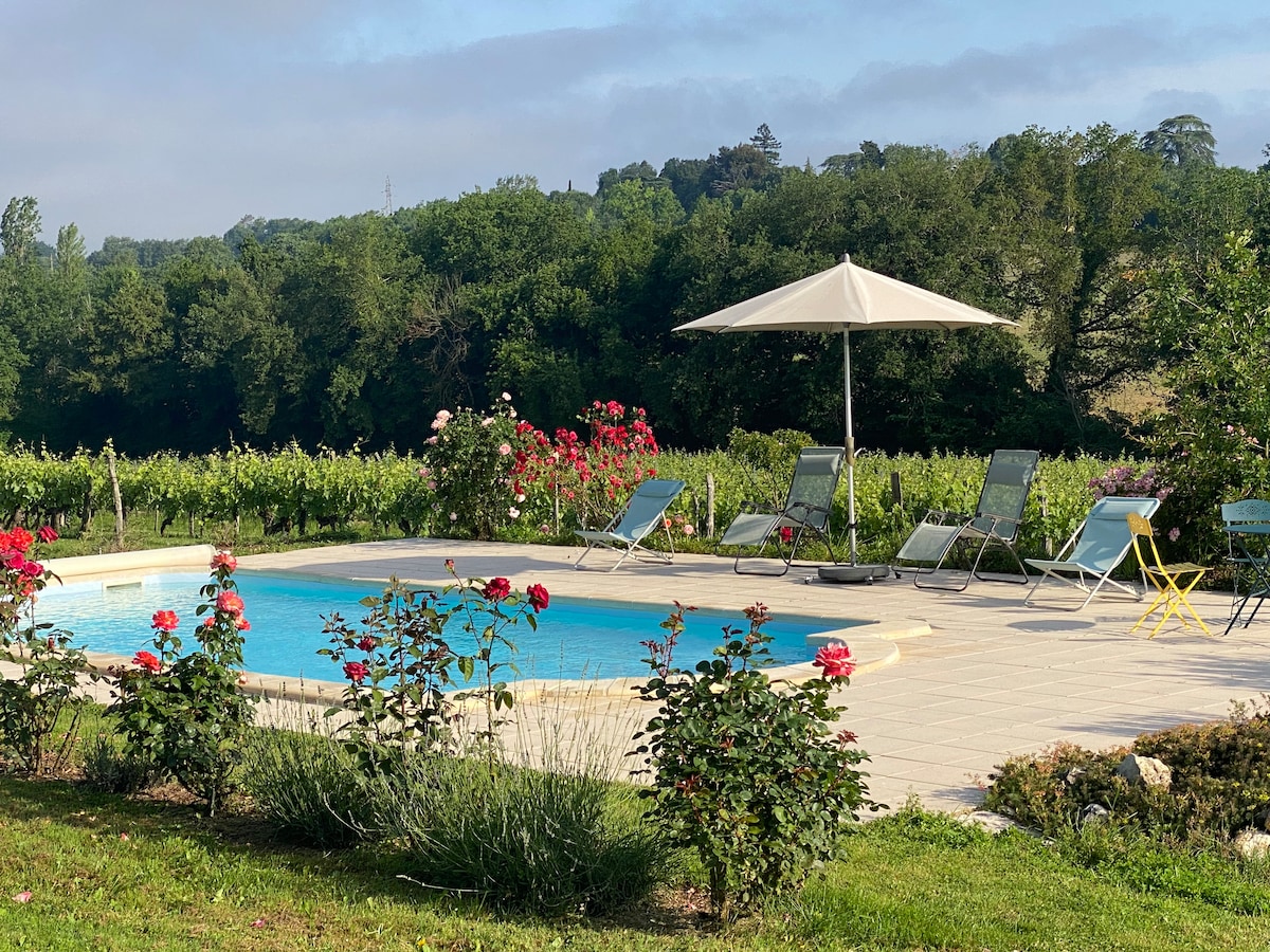 A private pool area is surrounded by a landscaped garden with blooming rose bushes. Sun loungers and an umbrella provide shaded relaxation options. Scenic greenery and vineyards serve as a tranquil backdrop, creating a peaceful outdoor environment.