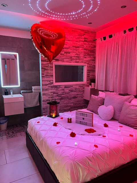 studio with private hot tub and heated pool