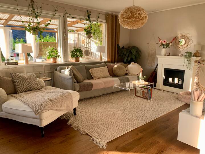 Amplia sala de estar con televisión inteligente de 55 pulgadas con canales cromados y de streaming. 