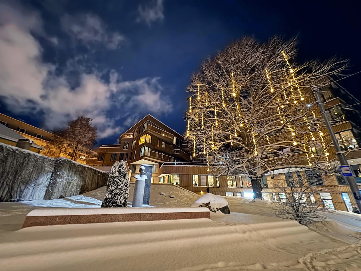 A serene winter scene captures a snow-covered exterior featuring a building illuminated by warm lights. A tree adorned with decorative lighting stands nearby, adding to the tranquil ambiance. Soft clouds drift across the night sky, enhancing the peaceful atmosphere of the surroundings.