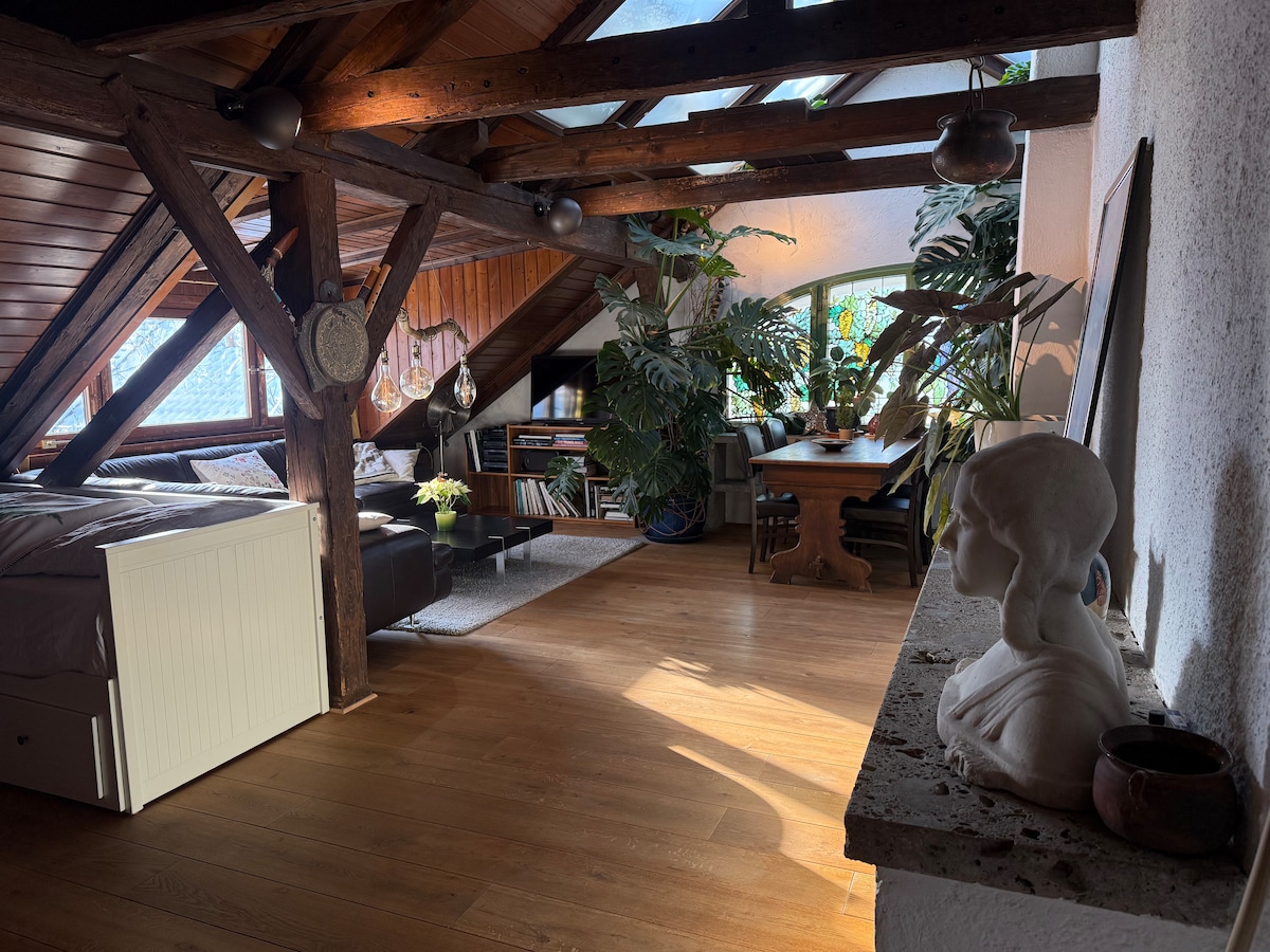 A bright, open living area is defined by wooden beams and a warm wooden floor. A cozy lounge space features a plush couch, while a dining area with a table is surrounded by greenery. Natural light filters through a colorful stained glass window.