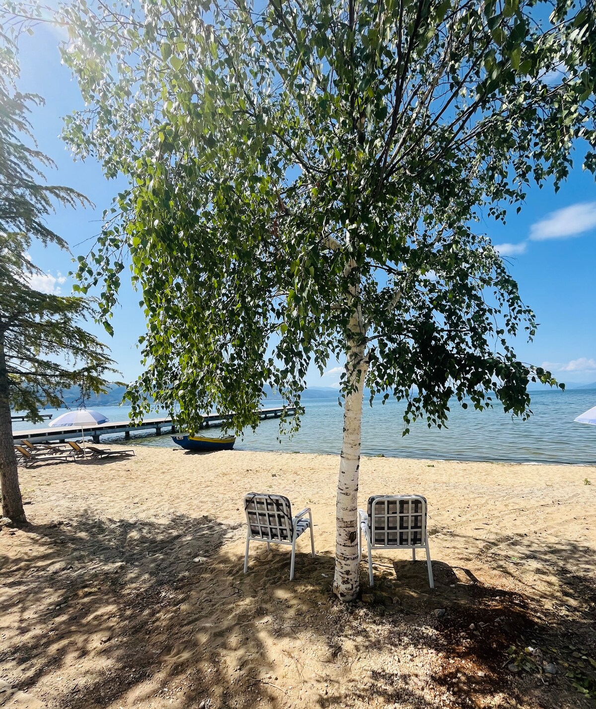 Two chairs are positioned beneath a tree by the sandy beach, offering a view of Ohrid Lake. The scene is framed by the tree's green leaves, which provide shade against the sunlight. In the background, boats are visible on the water.