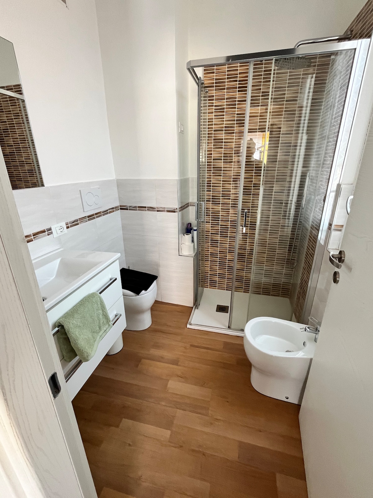 The modern bathroom features a walk-in shower enclosed by clear glass, complemented by a spacious white vanity and storage beneath. A bidet and toilet are positioned thoughtfully, with light wood flooring creating a warm ambiance. A large mirror enhances the sense of space.