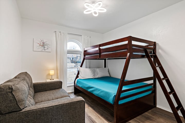 Bunk bed with memory foam mattress.  Blackout curtains. Fan. Central air conditioning.