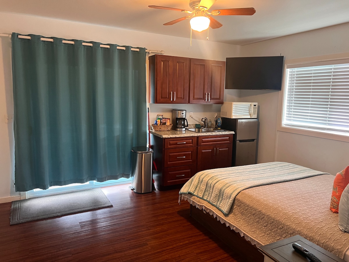 A cozy studio space features a spacious bed with a patterned blanket, complemented by wooden cabinetry. A kitchenette area is equipped with a refrigerator, microwave, coffee maker, and meal preparation essentials. Natural light filters in through a window, draped with a teal curtain.