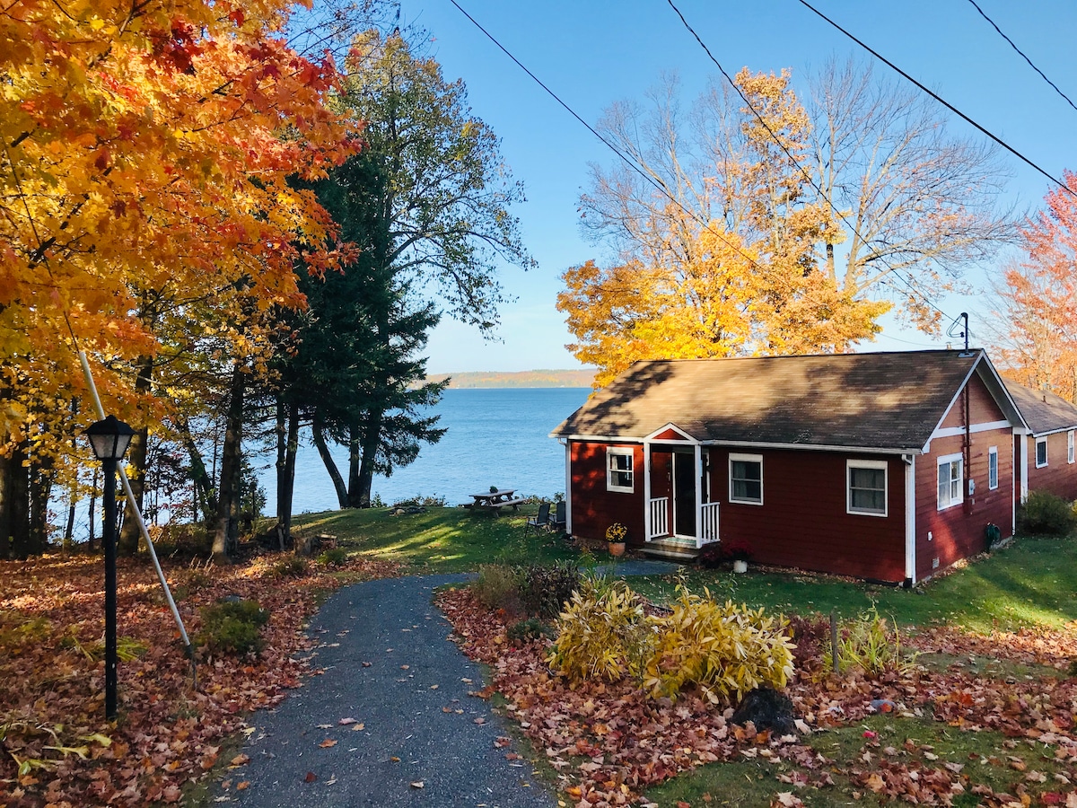 A charming red cottage is set against a backdrop of vibrant autumn foliage. A gravel pathway leads to the entrance, with the tranquil lake visible beyond. Colorful leaves create a natural carpet on the ground, while a rustic lamp post adds a quaint touch to the scene.