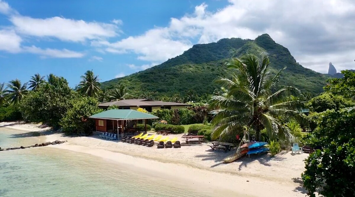 The beachfront area features a spacious lodge surrounded by palm trees and lush greenery. Lounge chairs and kayaks are visible on the sand, with a distant mountain range rising in the background under a bright sky.