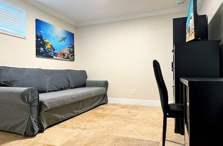 Vardagsrum med bäddsoffa i queen-storlek 