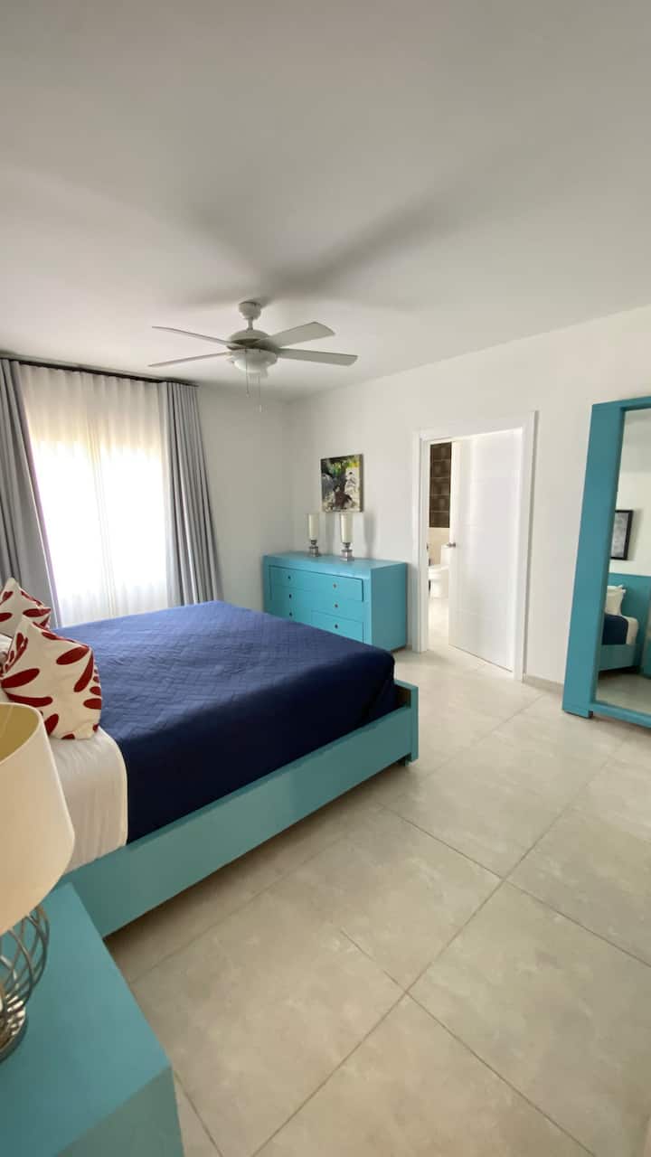 غرفة رئيسية في الطابق الأول، واسعة، مع حمام مجهز بحانات مع كبار السن أو على كرسي متحرك. 