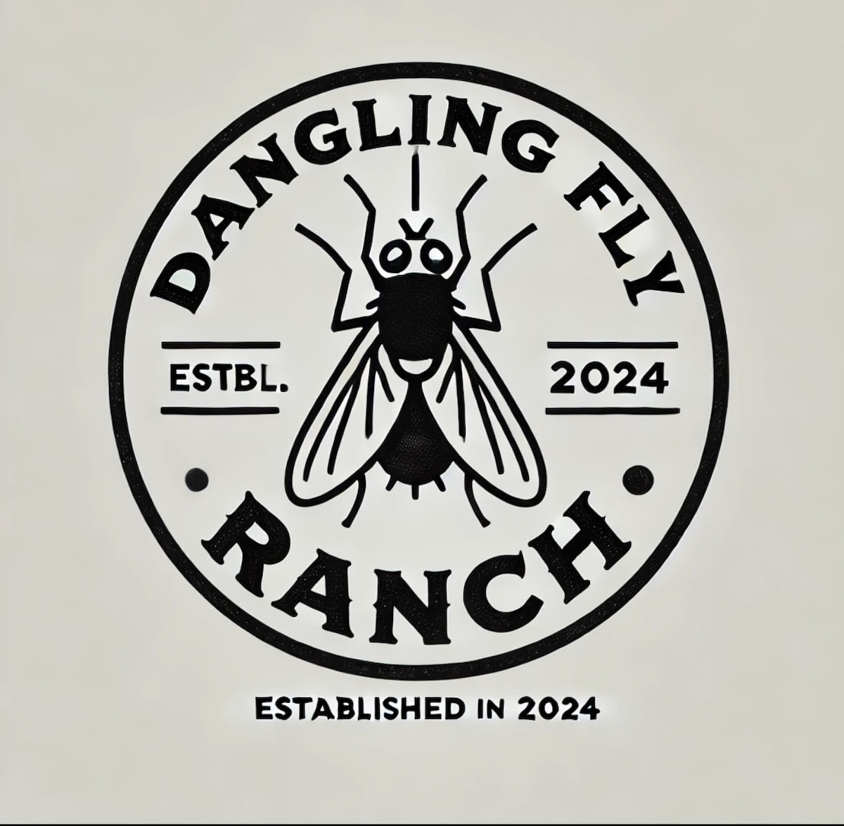 The logo of Dangling Fly Ranch features a stylized fly at its center, surrounded by a circular border. The text indicates the establishment year, 2024, along with the ranch name prominently displayed, reflecting a rustic and natural theme.