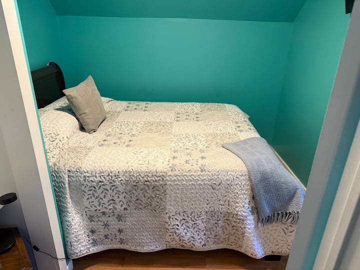 Kitanda kimoja cha malkia kilicho na televisheni iliyowekwa ukutani kinachotoa hulu, netflix, paramount plus na peacock zote kwenye roku. 