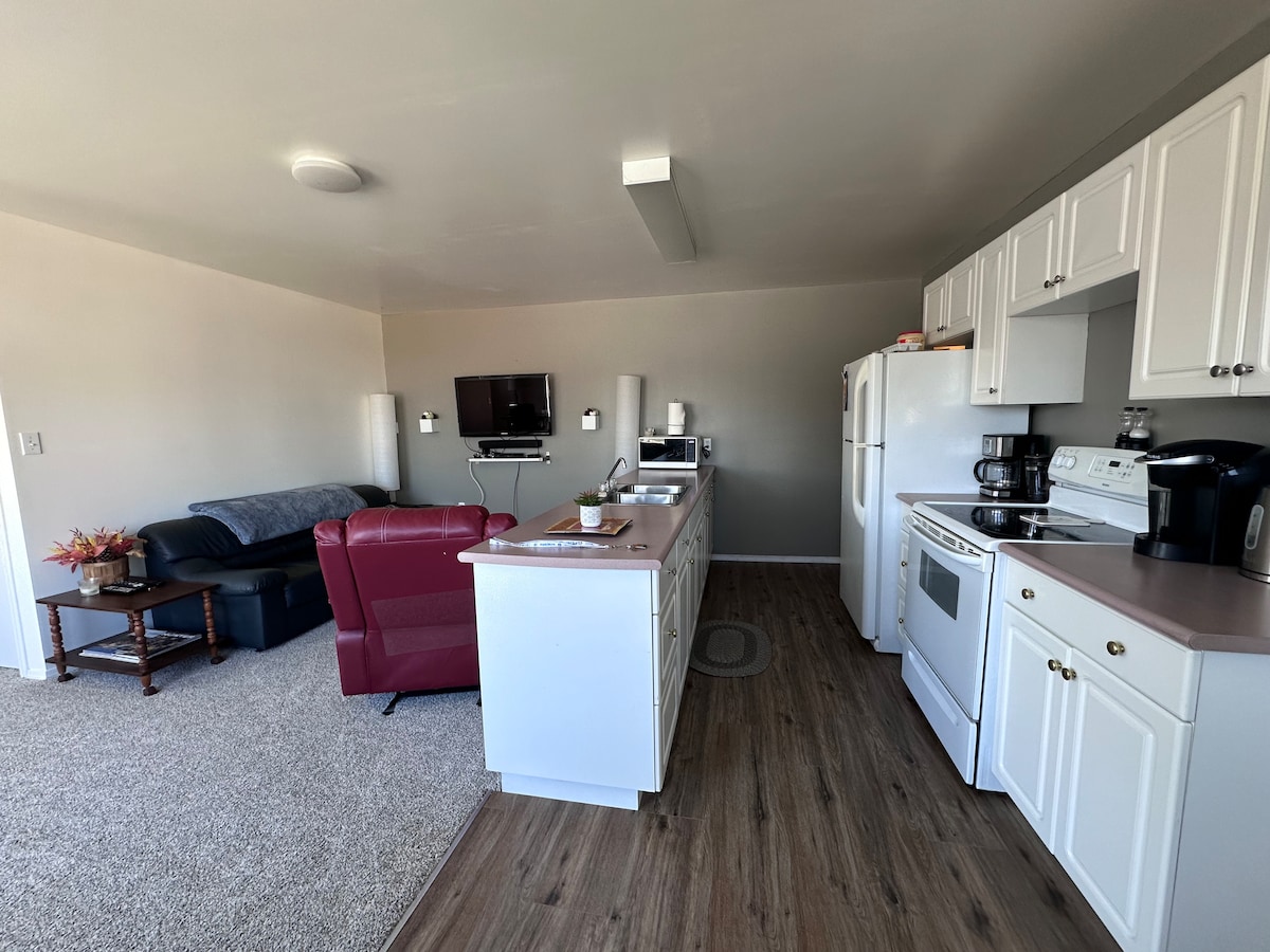 An open kitchen and living area is shown, featuring white cabinetry and modern appliances. A red leather chair is positioned next to a dark couch, while a small table holds decorative items. Natural light fills the space through a nearby window.