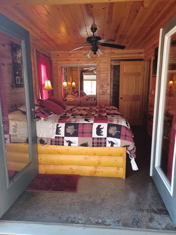 Downstairs master bedroom with French doors open from back the deck, king bed, ceiling fan & lights, mirror doors of full closet. Farthest door going into master bathroom.