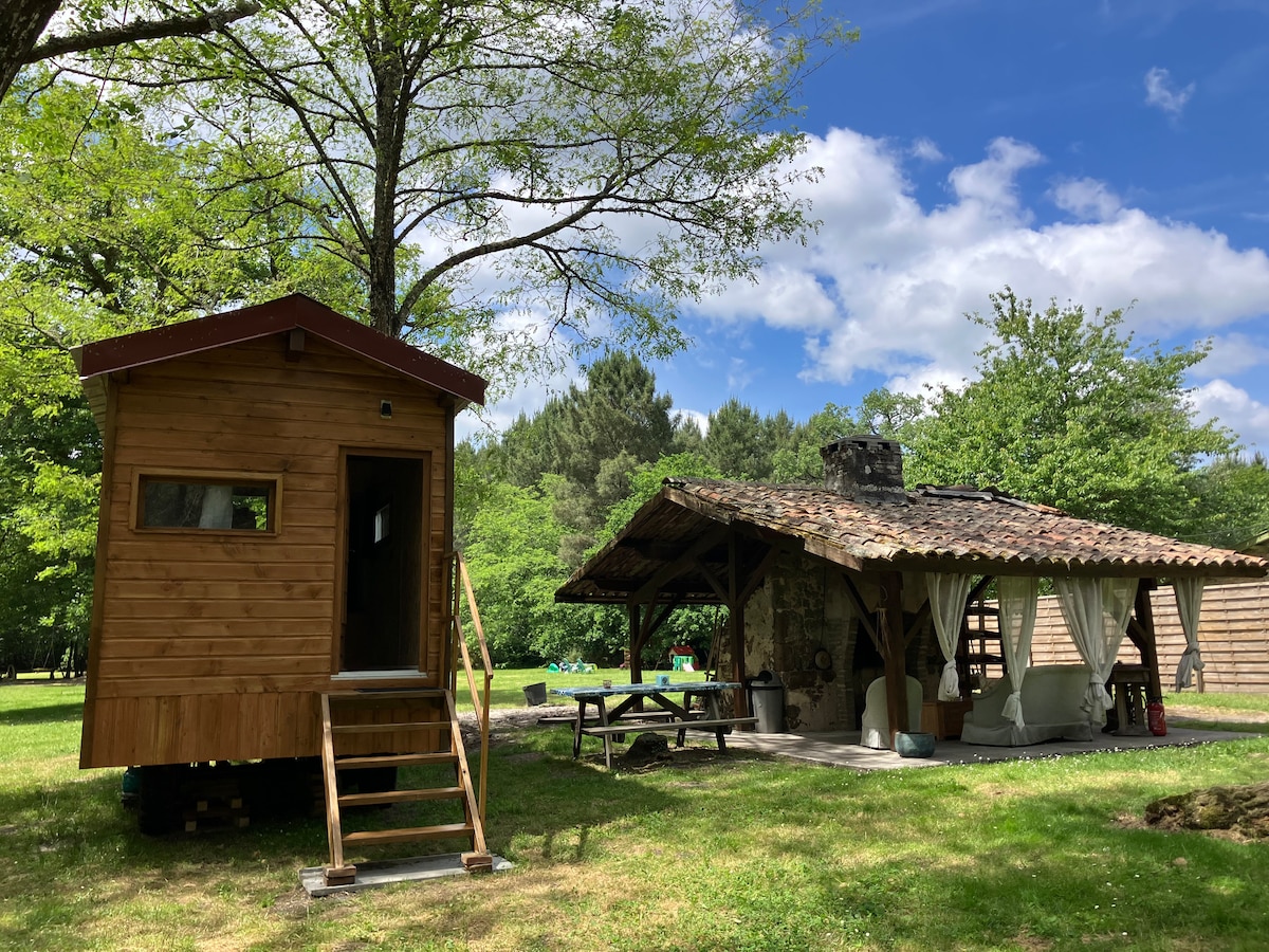 The tiny house, constructed of natural wood, features a small porch accessed via steps. Nearby, the rustic bread oven building exhibits a traditional tiled roof and stone structure, surrounded by lush greenery on a sunny day.