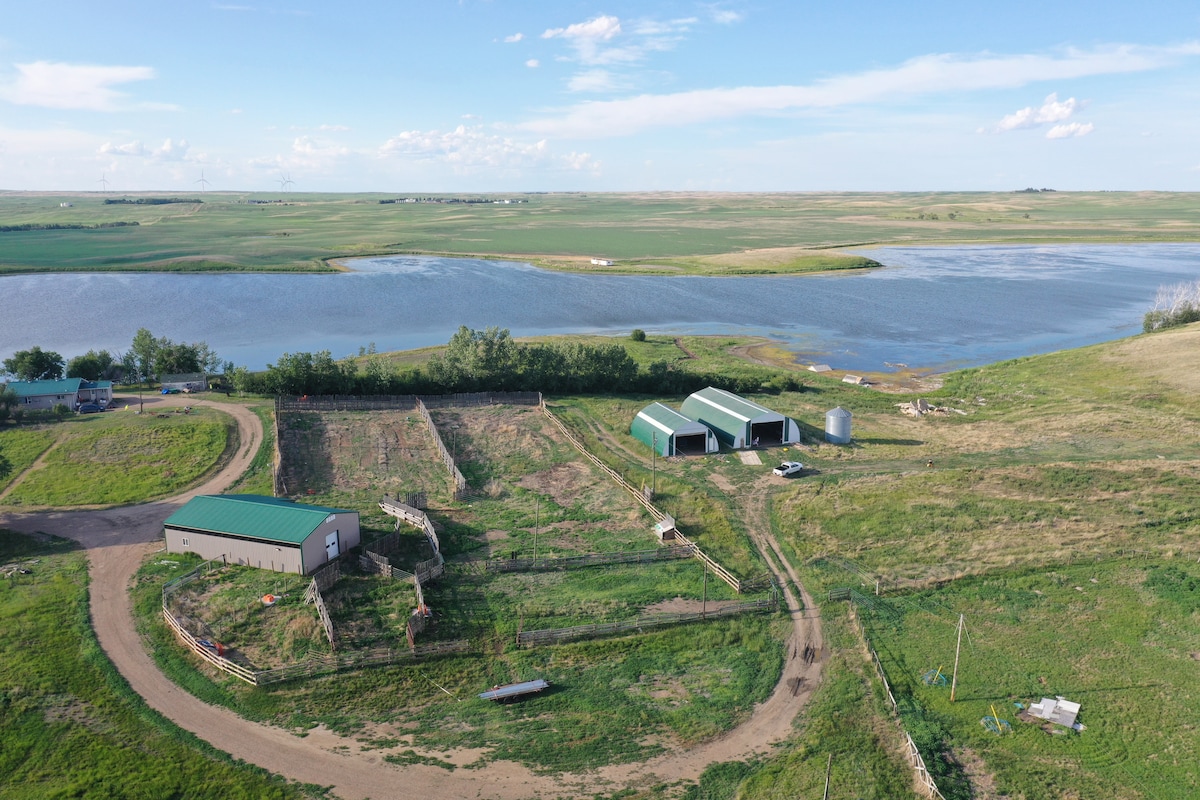 Aerial view of a scenic rural landscape features a winding road leading to several outbuildings with green roofs. A large body of water reflects the sky, surrounded by expansive grassy fields under a clear blue sky.