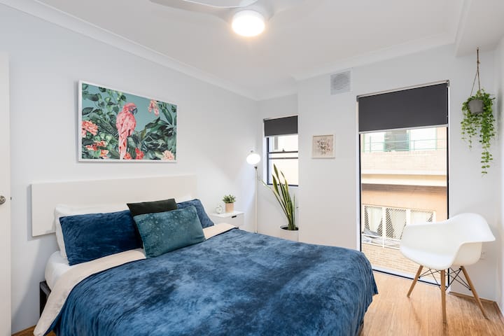 Bedroom with comfortable memory foam queen size mattress.