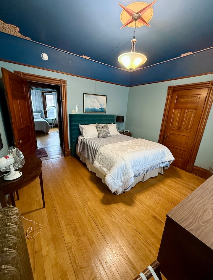 Queen bed in Sailing room. This room also has a AC/heat split in addition to radiator heating 